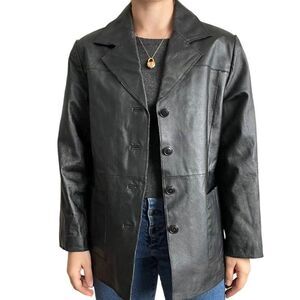 Vintage Unisex Womens 90s Black 100% Leather Matrix Oversized Blazer Jacket Sz L